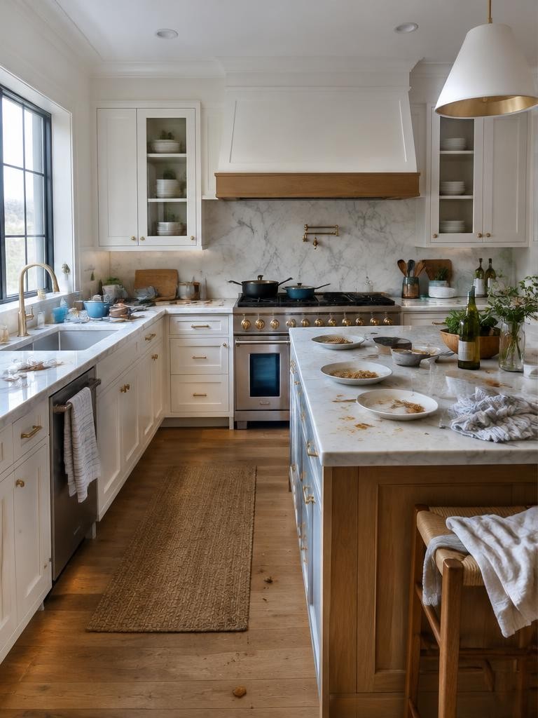 Illustrative kitchen before cleaning, dishes and clutter on counters