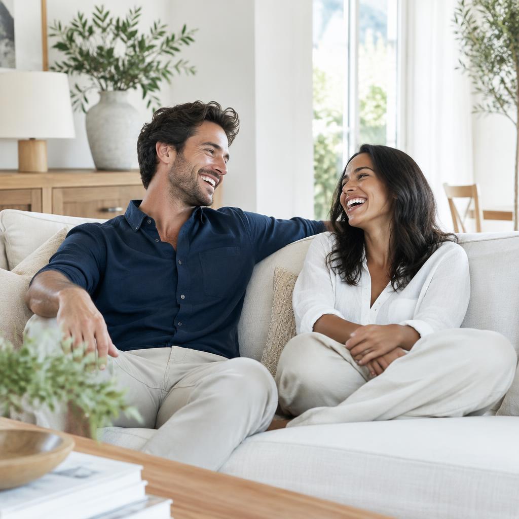 Couple enjoying time together in a bright, clean living room